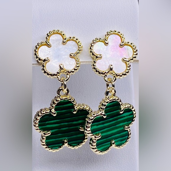MALACHITE & MOTHER OF PEARL EARRINGS I8kgp - Picture 3 of 3